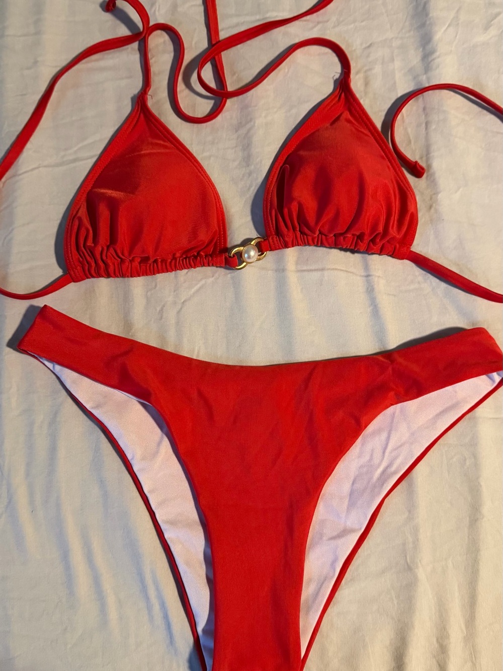 H&M Red Triangle Bikini Set with Gold Accent